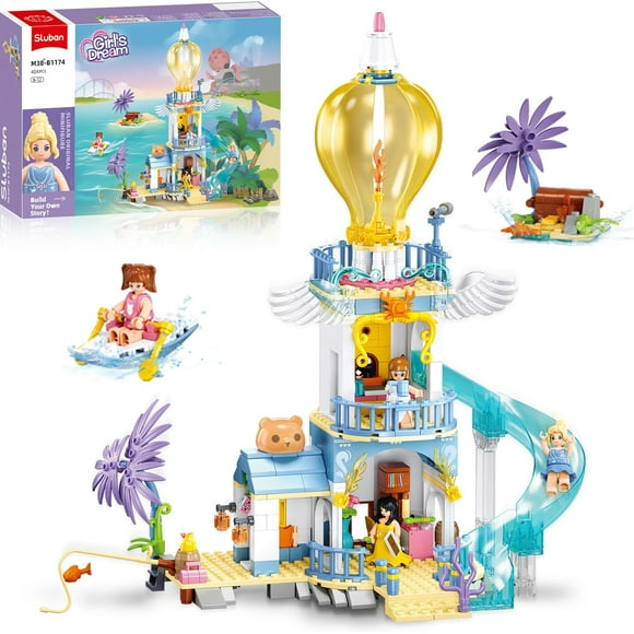 TRAHOO-Friends Beach House Building Sets for Girls Boys Kids 6+, Role-Play Lighthouse Adventure Story with Castle, Treasure Island, Boat, 4 Minifigures, Compatible with Lego Friends for Girls 6+