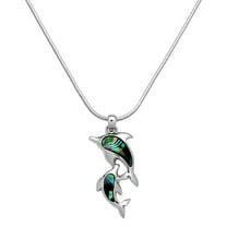 Dolphin Pendant Necklace Green Abalone Shell Rhodium Plated 17 Inch Snake Chain J1114