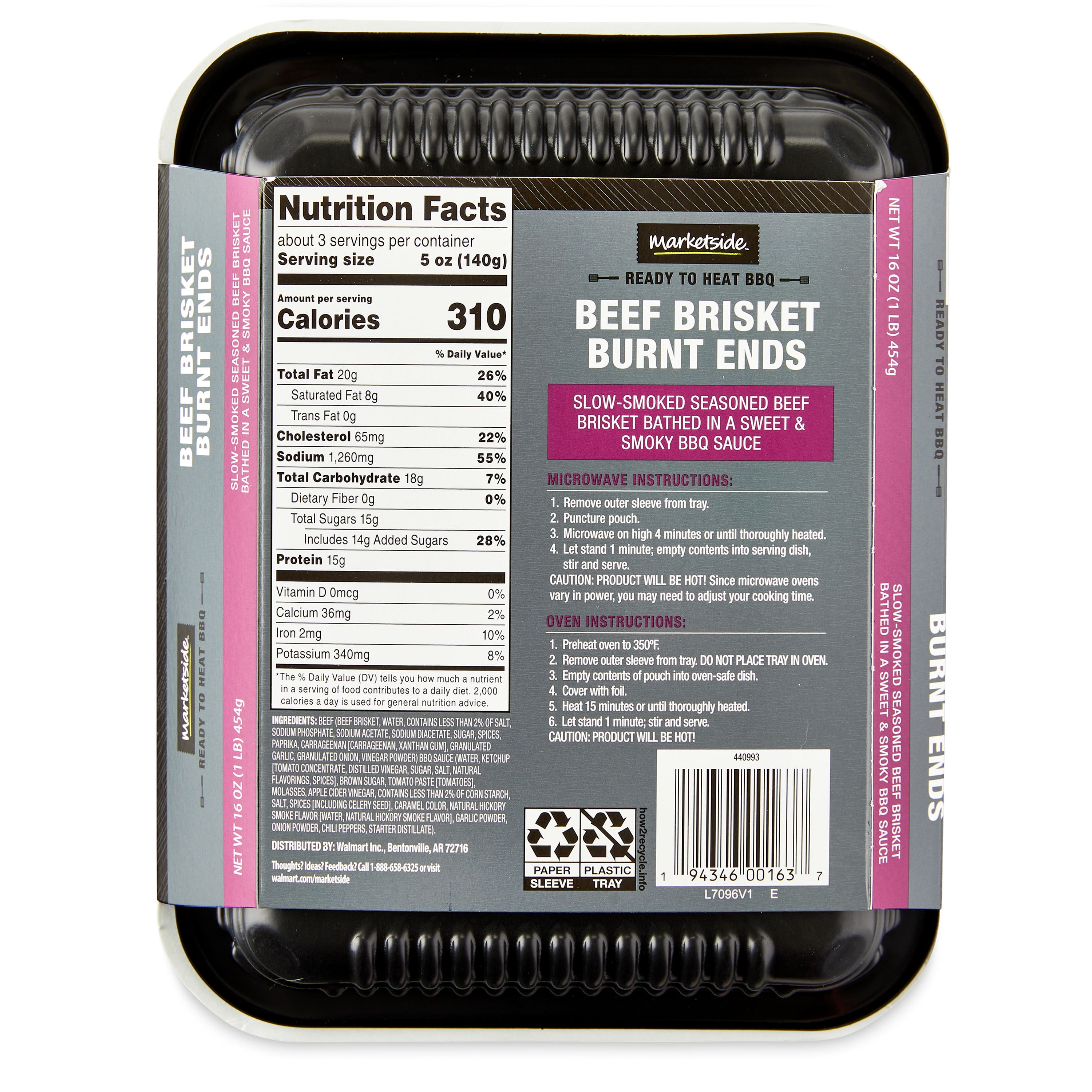 (4 pack) Marketside Ready to Heat BBQ Beef Brisket Burnt Ends Packaged Meal, 16 oz (Refrigerated)