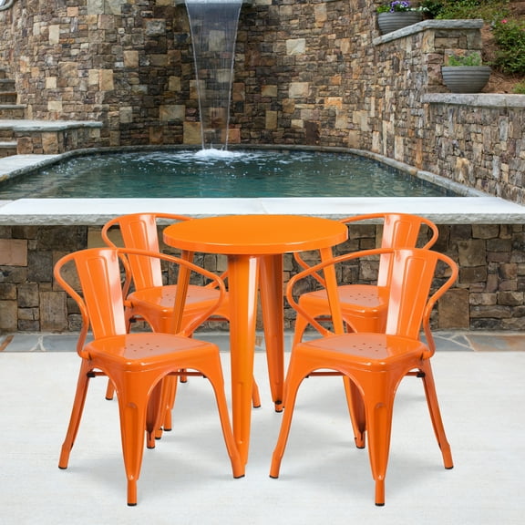 Emma Oliver Commercial 24" Round Orange Metal Indoor-Outdoor Table Set with 4 Arm Chairs