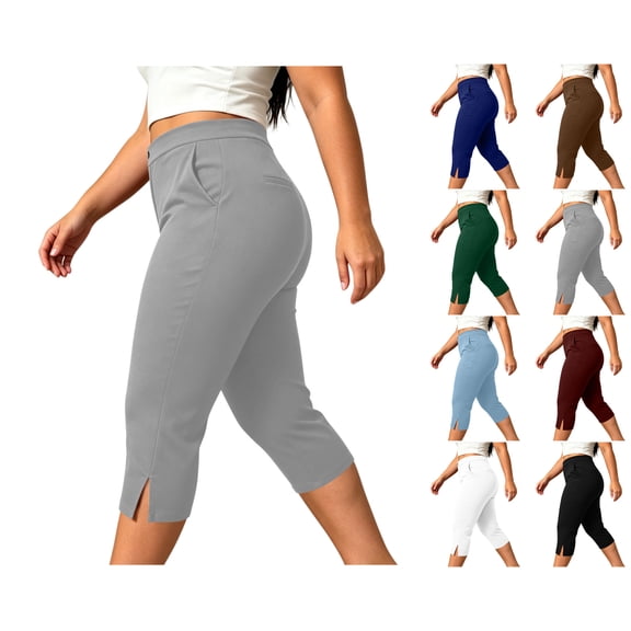 Nugftut Womens Plus Size Capris Solid Color Capri Leggings High Waisted Pants with Pockets