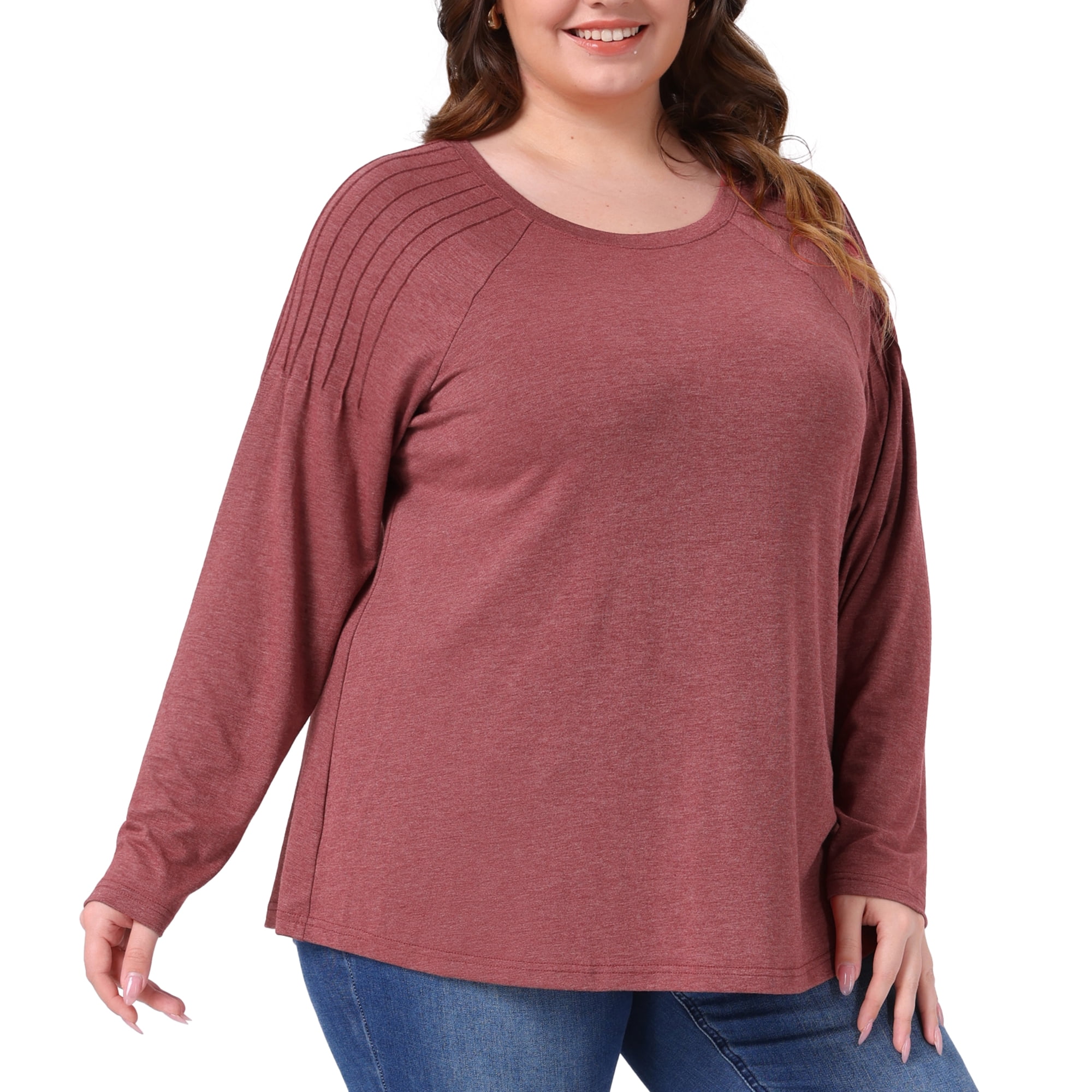 Women's Plus Top Long Sleeve Crew Neck Pleated Shirts Loose Fit Tunic Tops 1X Red