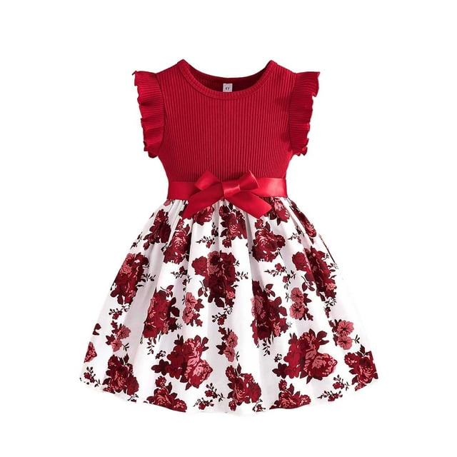 Robe d'Été pour Filles Enfants Tout-Petits Filles Été Col Rond Manches à Volants Imprimés Fleurs Robe Décontractée Ligne A avec Nœud Robes Tout-Petits Rouge Melon D\'eau 3 Ans-4 Ans