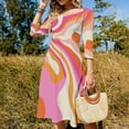thumbnail image 4 of Abstract Swirl Pink Orange Art Sweetheart Knot Flared Dress Fashion Design Large Size Loose Dress Spring Summer Women Dress, 4 of 9