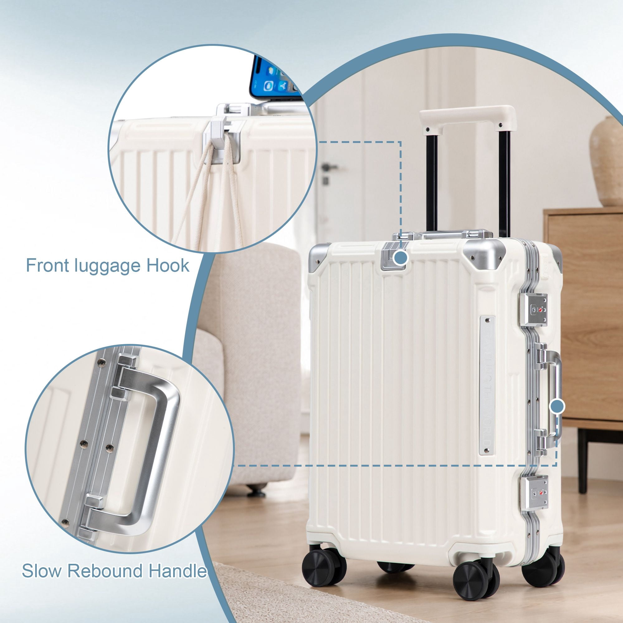 Alvantor Carry On Luggage 20" Hardside Luggage with Cup holder, Charging Port, Hook Milk White