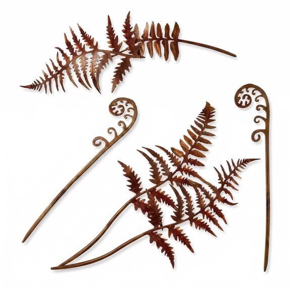 12 Pack Metal Fern Garden Stakes, Rusty Iron Plant Picks Outdoor Yard Decor, 3 Styles Assorted Flower Bed Stakes for Patio, Lawn, Planter, and Walkway