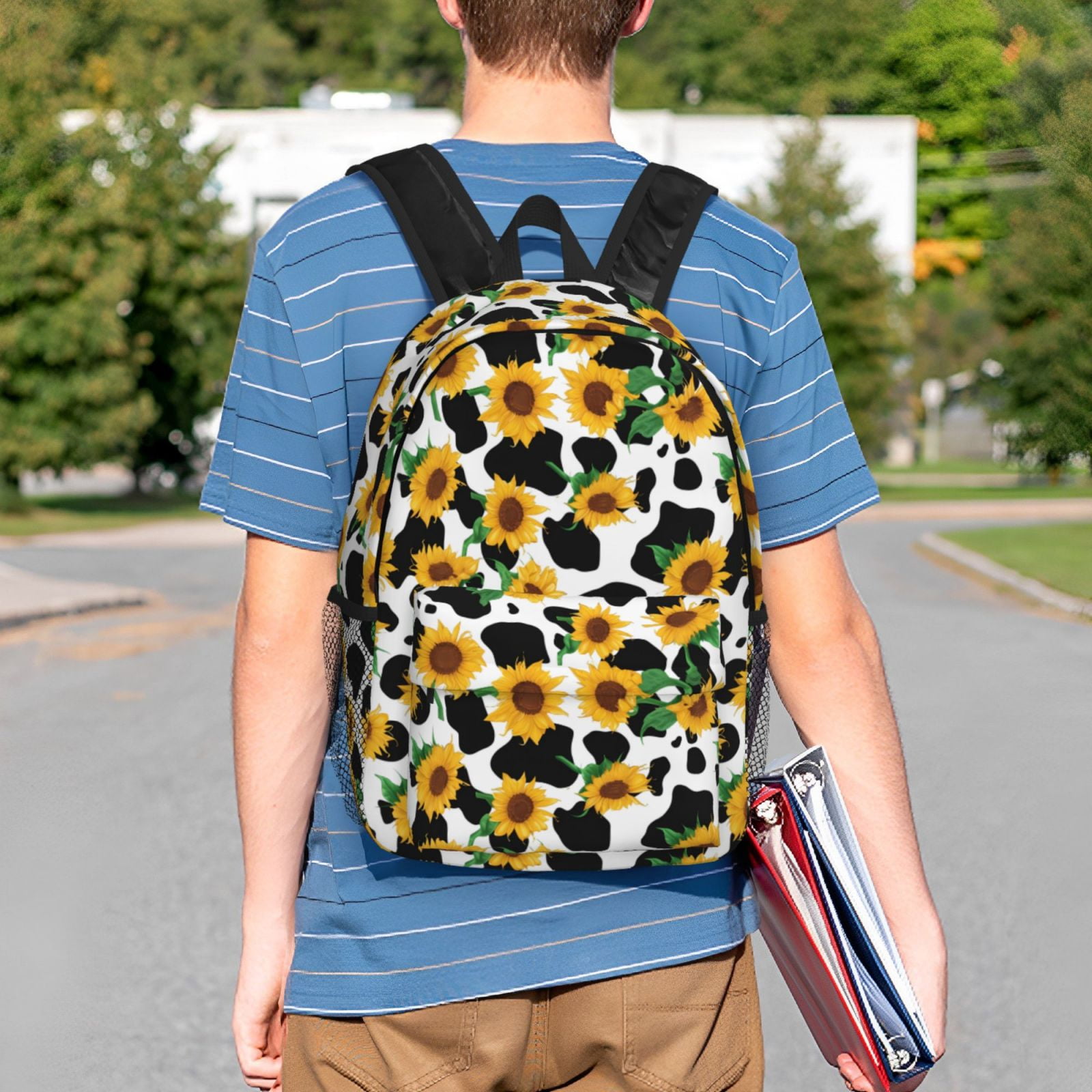 Rateoe Cute Cow Print Sunflower C Pattern Student Backpack Water-resistant Backpack 15-inch Laptop Backpack Lightweight Adjustable School Backpack