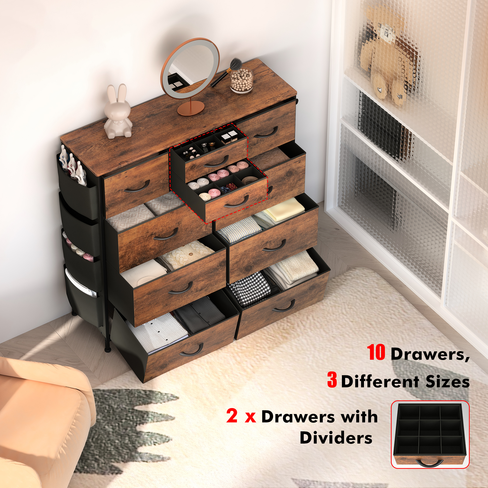 Wostoo Modern Drawer Dresser,10-Drawers Chest with Side Pockets Hooks Fabric Storage Dresser for Bedroom Living Room Brown - image 3 of 7