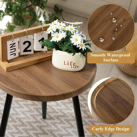 Magkeler Furniture,Round Side Table, Metal Legged Accent Table with Wooden Tray, Small Round End Table for Living Room, Bedroom, Nursery, Brown & Black
