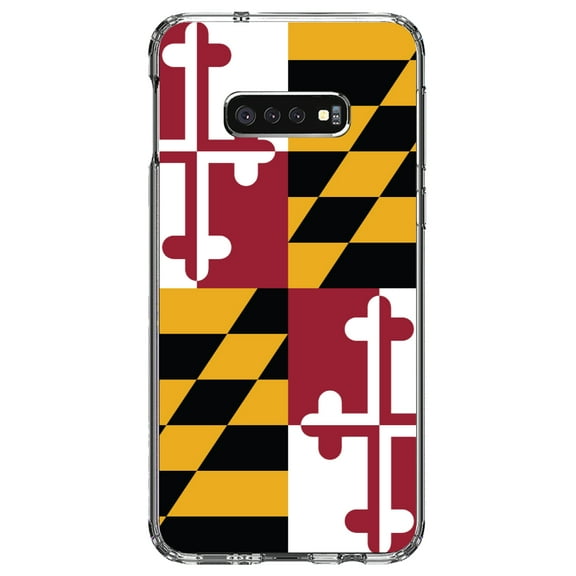 DistinctInk Clear Shockproof Hybrid Case for Samsung Galaxy S10e (5.8" Screen) - TPU Bumper, Acrylic Back, Tempered Glass Screen Protector - Maryland State Flag - Maryland
