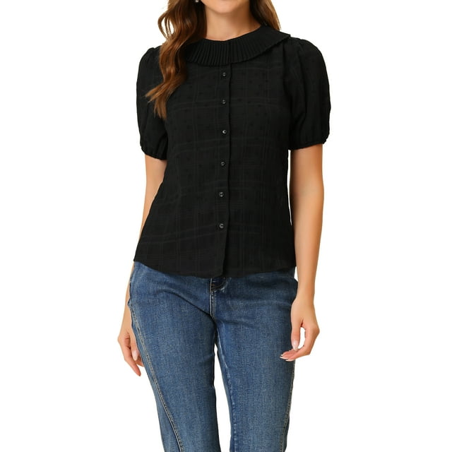 INSPIRE CHIC Chemise Boutonnée à Col Plissé à Manches Bouffantes à Motif Floral pour Femme TP Noir