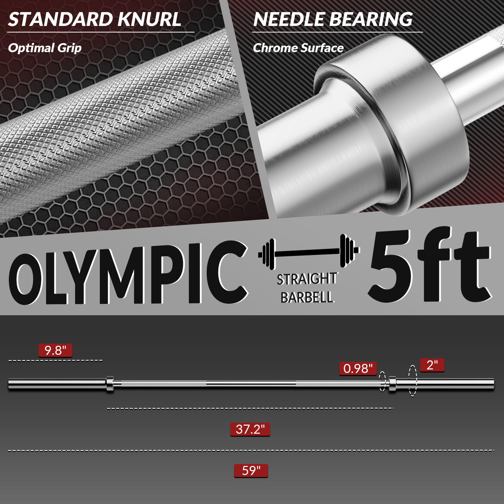 Signature Fitness Olympic Barbell, Alloy Steel, Silver, 2-Inch Sleeve, Available in 5FT, 6FT, and 7FT, Strength Training Weightlifting Bar for Home Gym
