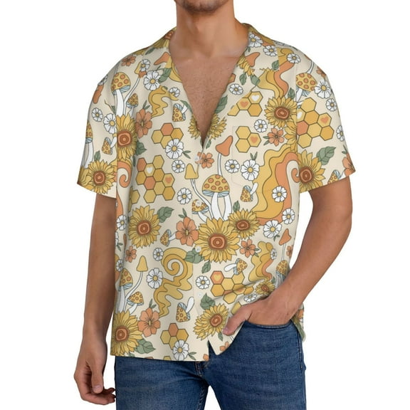 Hirioo Retro 70s 60s Flower for Men's Cuban Collar Short Sleeve Shirt Button Down Shirt Beach Summer Shirts Wedding Vacation Shirts-Small