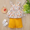 thumbnail image 2 of OLLUISNEO 4-5 Years Toddler Baby Girls Summer Shorts Outfits Square Neckline Floral Print Flying Sleeve Top Elastic Shorts 2 PCS Set Yellow, 2 of 8
