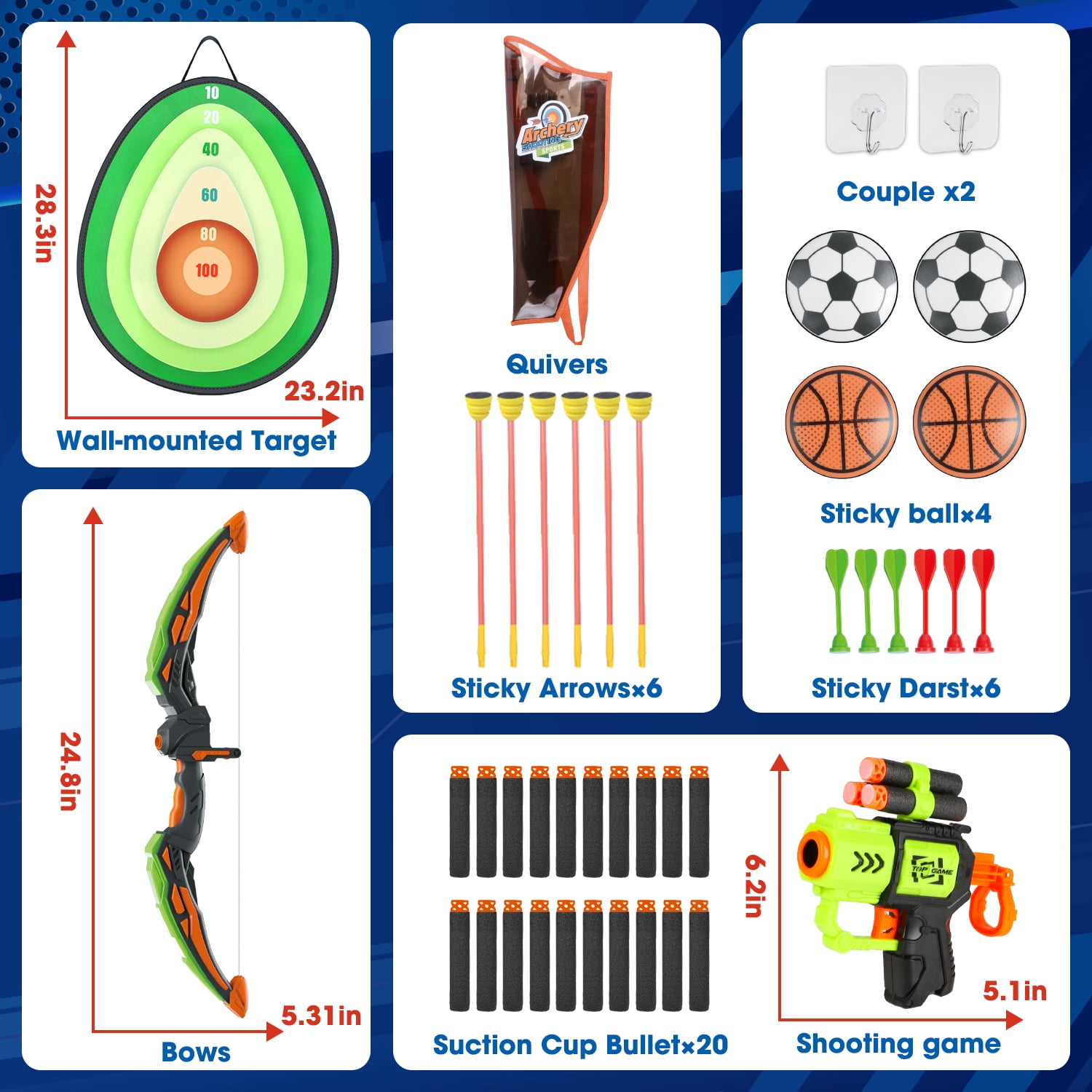 Carsky 5-in-1 Kids Bow and Arrow Set, LED Light-Up Bow, Avocado Target, Foam Dart Launcher & Sticky Arrows, Archery Toy Gift for Boys Girls Ages 4-12, Outdoor Indoor Shooting Playset