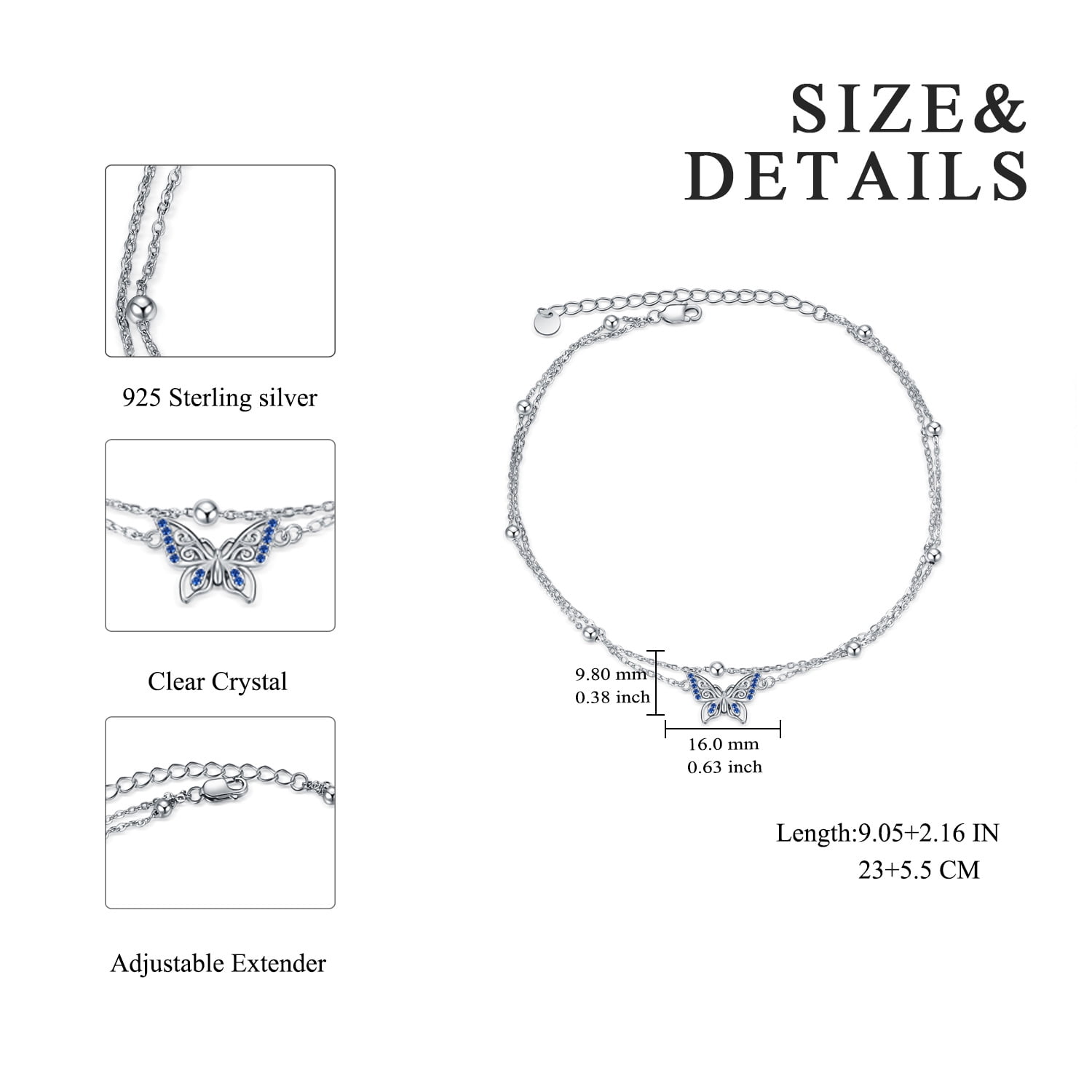 DOLIOX 925 Sterling Silver Butterfly Anklets for Women Double Layered Chain Ankle Bracelet Beach Dainty Butterfly Jewelry