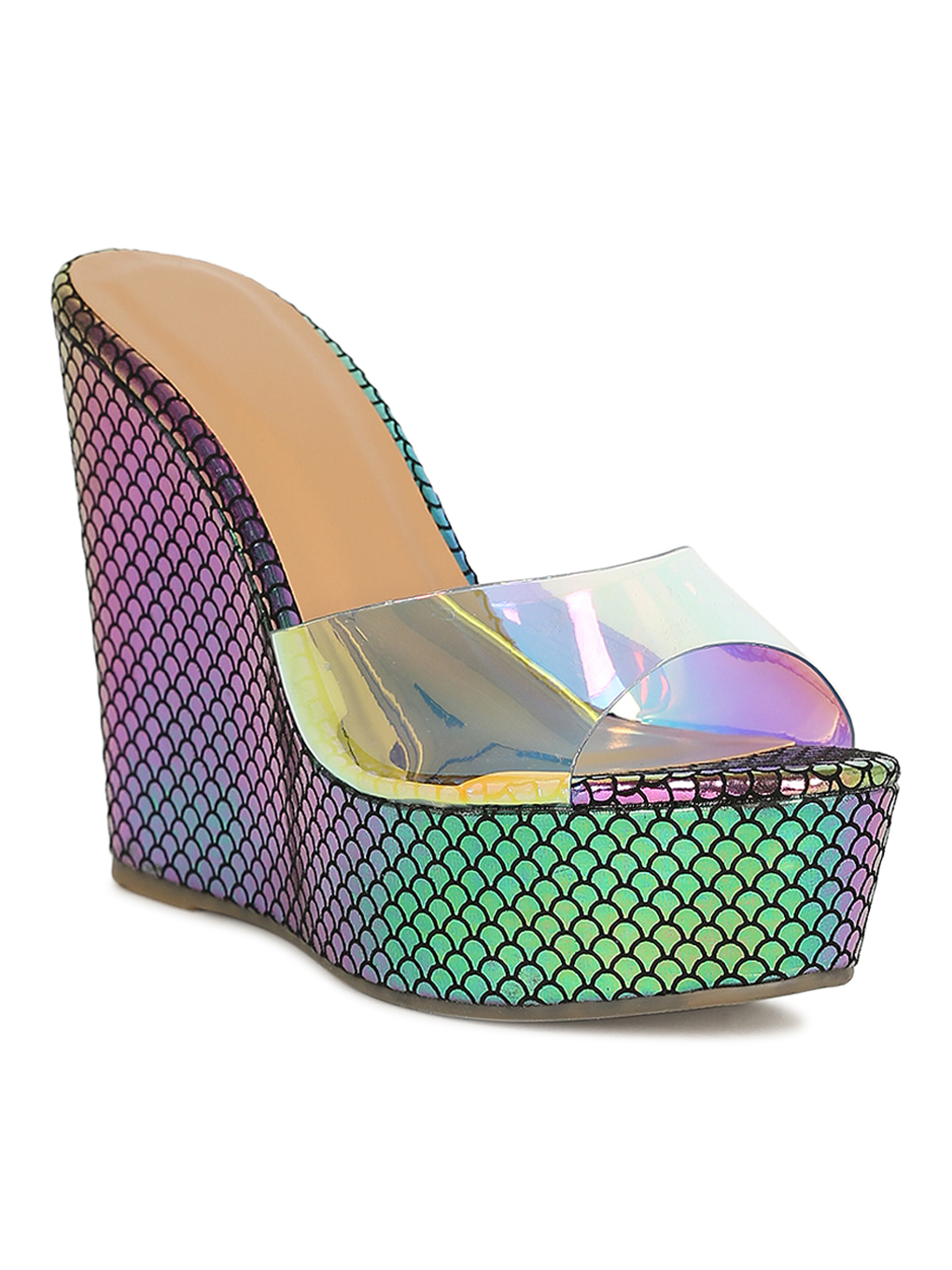 Women Transparent Perspex Open Toe Platform Wedge Mule Sandal 18882