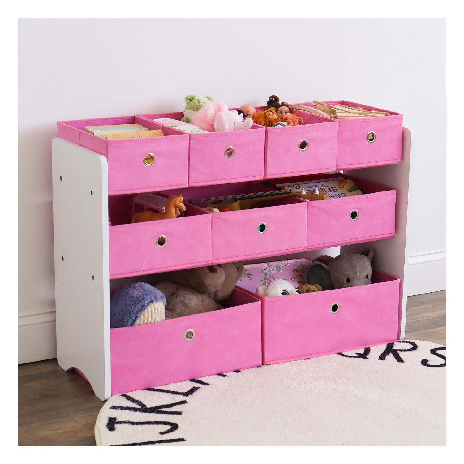 Humble Crew Kids Toy Storage Organizer with 9 Collapsible Fabric Storage Bins, White/Pink