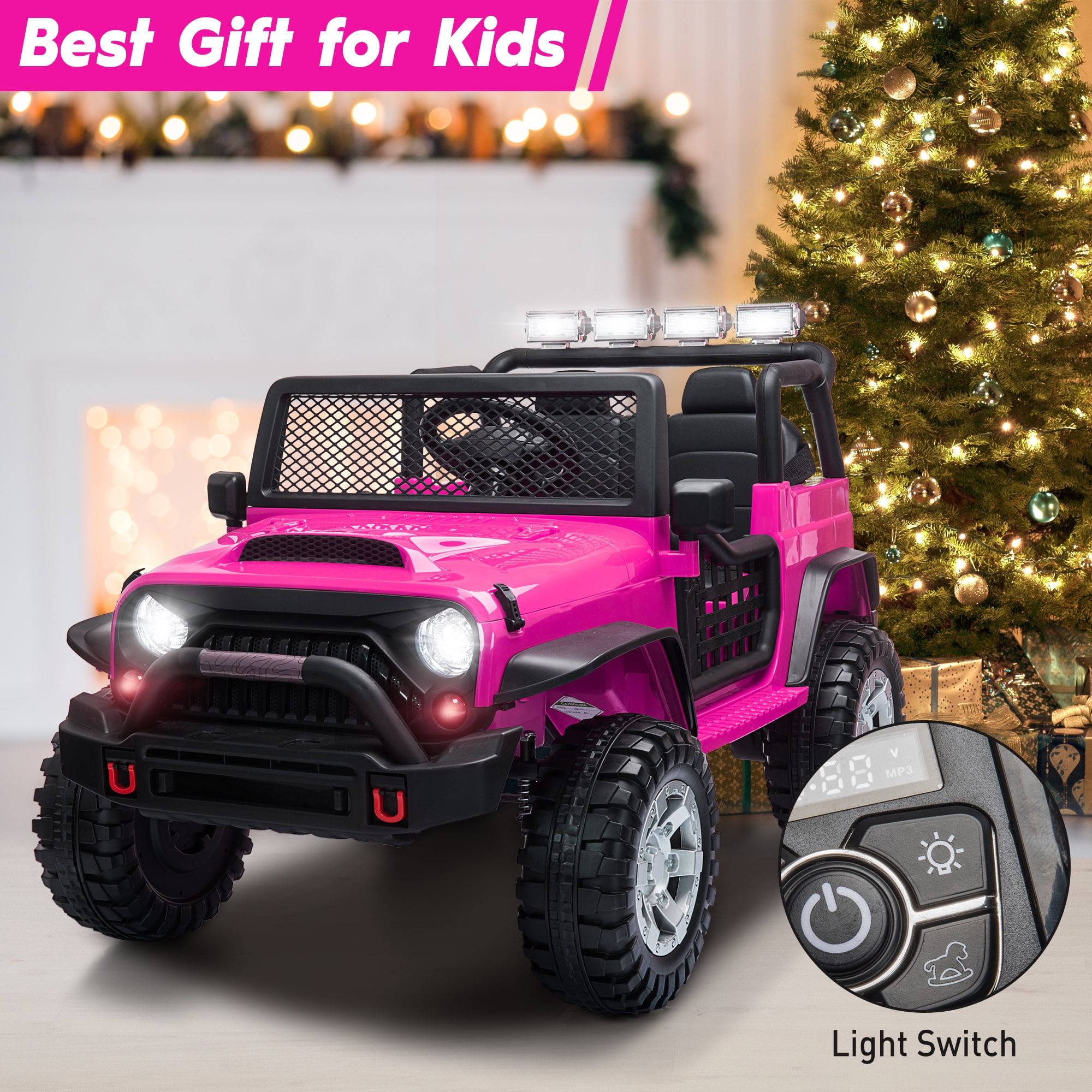 TOBBI 12V Kids Ride on Car, Jeep Car with Remote Control, LED Lights, Music, Horn, Bluetooth, Spring Suspension, Rocking, Rose Red