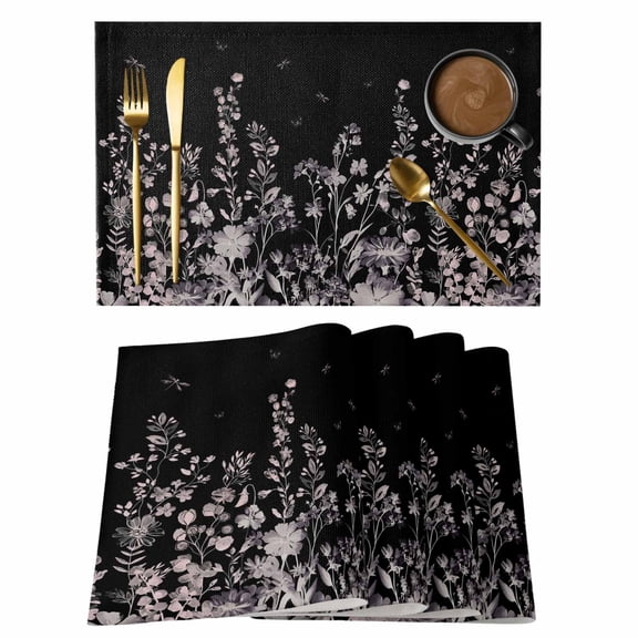 Black Botanical Placemats Set of 8, Dragonfly Flower Leaf Retro Style Placemats for Dining Table, Place Mats for Kitchen Tabletop, Waterproof Wipeable Dining Table Mats Set