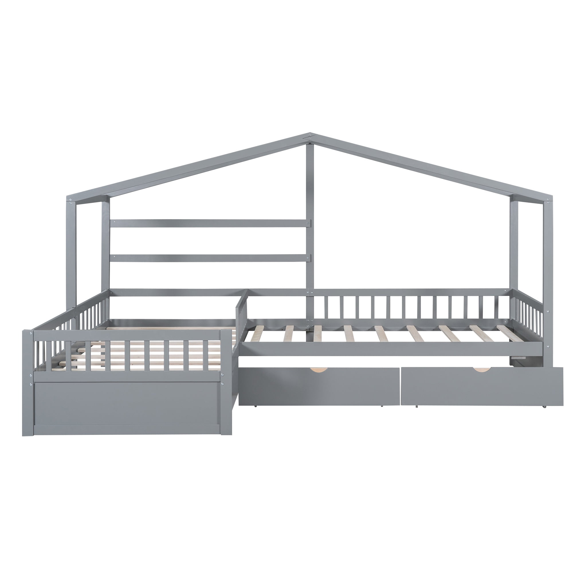 Bellemave House Bed Double Twin Beds, Wood L-Shape Twin Bed with 3 Storage Drawers, Montessori Bed with Roof and Fencefor Toddler Kids Girls Boys (Gray)