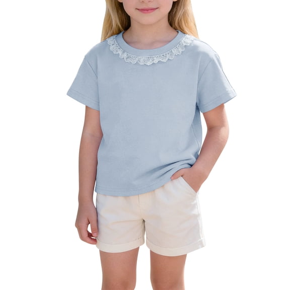 Amidoa Girls Short Sleeve Crewneck Cotton Solid Color T-shirt Soft Casual Summer Cute Tops Light Blue,6 Years