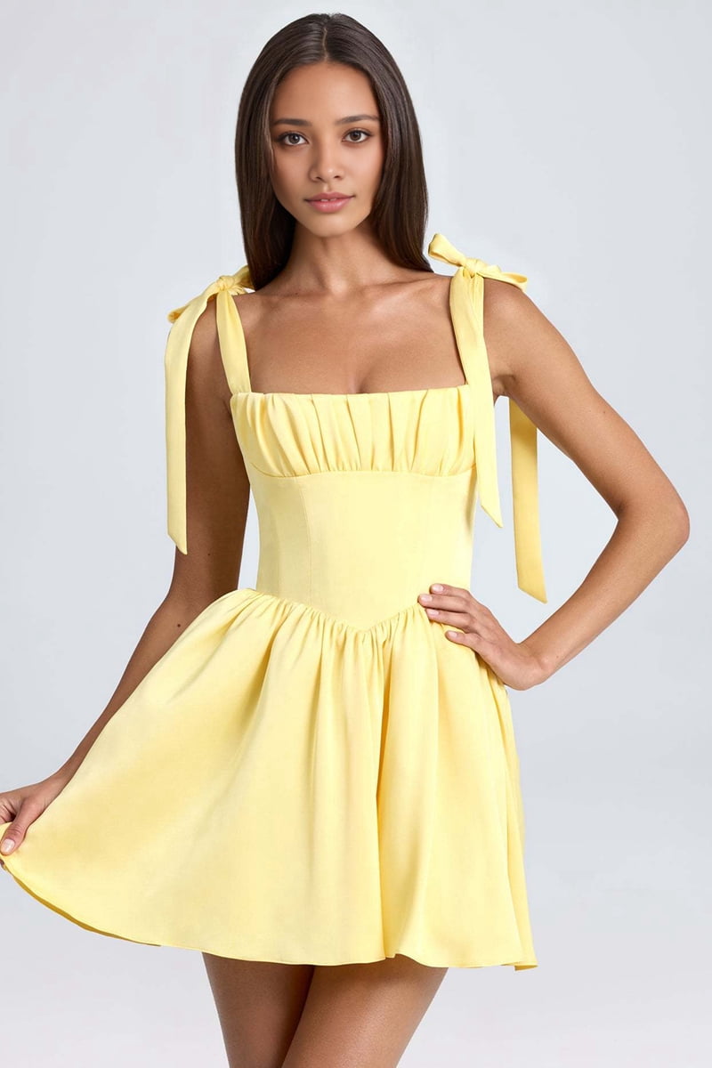 Smocked Ruched A Line Swing Dress Layered Tie Shoulder Flowy - Dress Yellow L