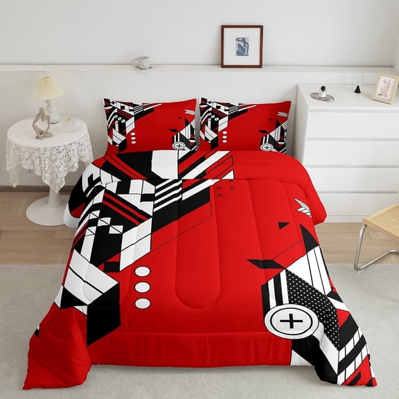 Erosebridal Rectangle Geometric Bedding Toddler Comforter Set, Modern Abstract Stripes Down Comforter, Red Black, 2pcs