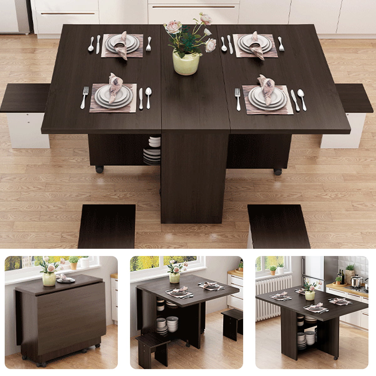 3 in 1 Folding Wooden Counter Dining Table With Wheels Saving Space for