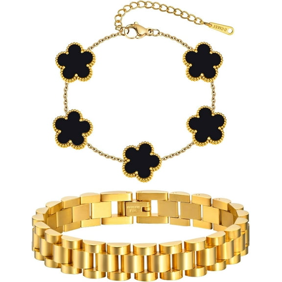 Stackable Gold Floral Bracelets Set , 2pcs 18K Gold Plated Bracelet Non-tarnish,Stainless Steel Link Chain Friendship Bracelet,Watch Band Trendy Jewelry,Christmas Valentines Birthday Gifts for Women