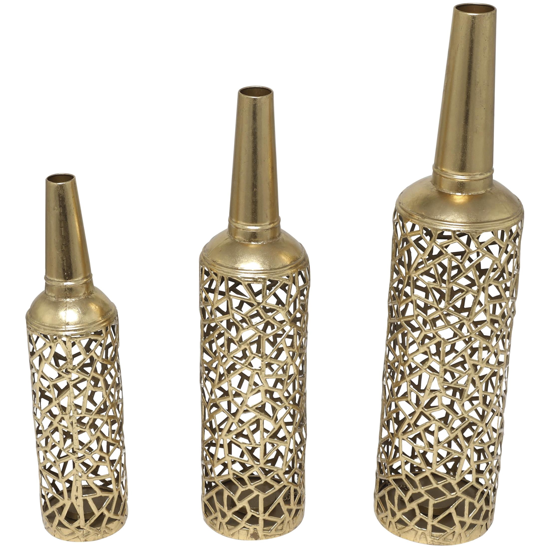 DecMode 30, 25, 21"H Geometric Tall Slim Floor Gold Metal Vase with Open Frame Design, Set of 3