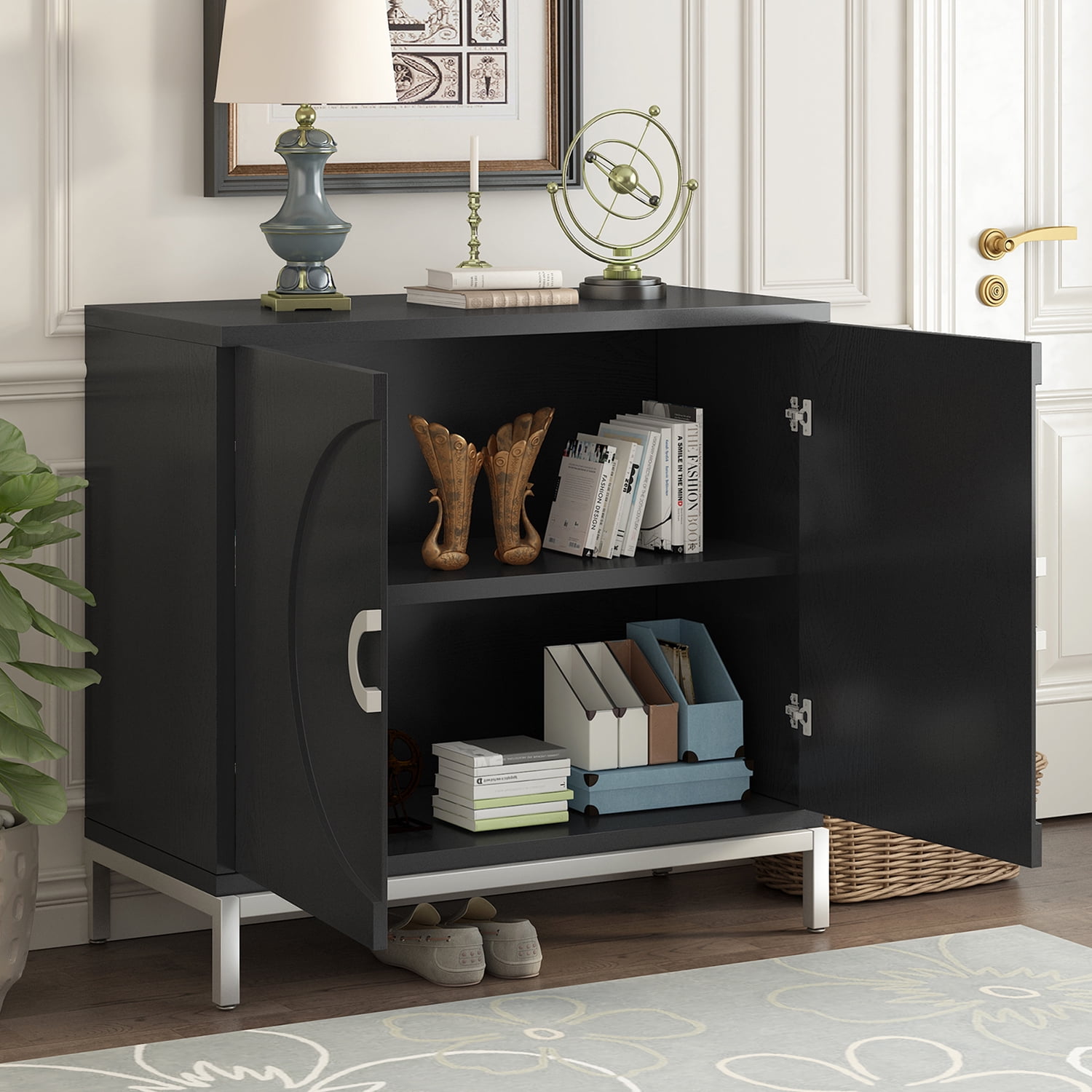 Kadyn Sideboard Buffet Cabinet, Accent Cabinet with Solid Wood Veneer and Metal Leg Frame, Kitchen Storage Cabinet for Entryway,Black