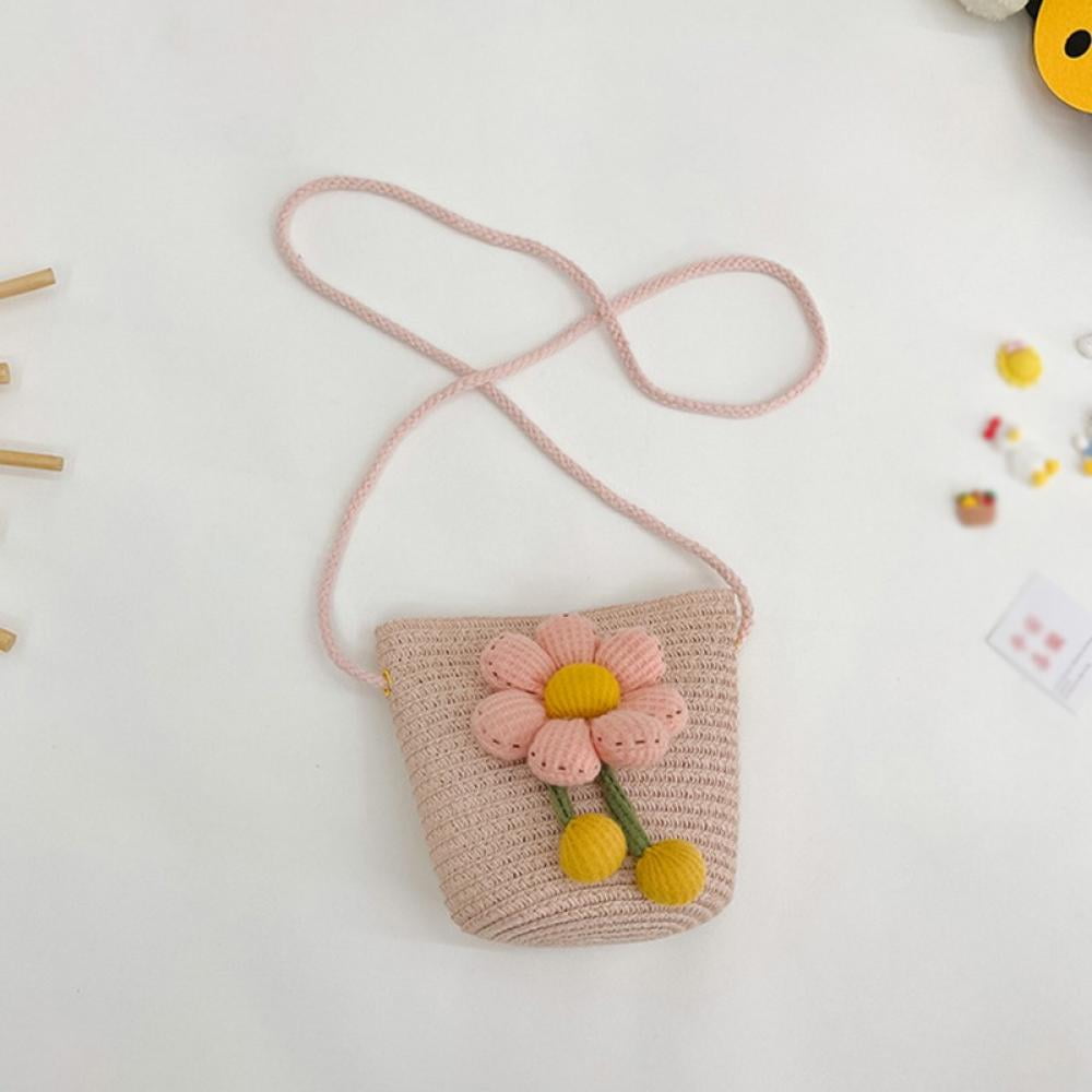 Little Girls Straw Purses Flower Straw Shoulder Crossbody Bag Straw