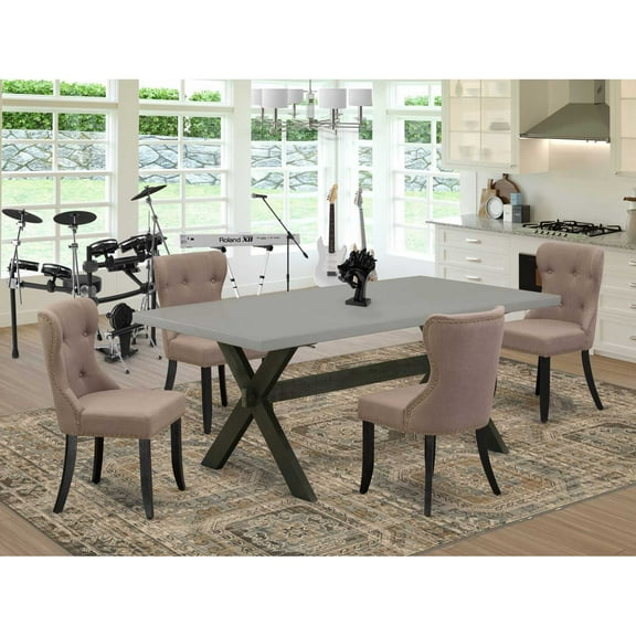 East West Furniture X697SI648-5 5-Piece Dinette Set- 4 Dining Room Chairs with Coffee Color Linen Fabric Seat and Button Tufted Chair Back - Rectangular Table Top & Wooden Cross Legs - Cement and...