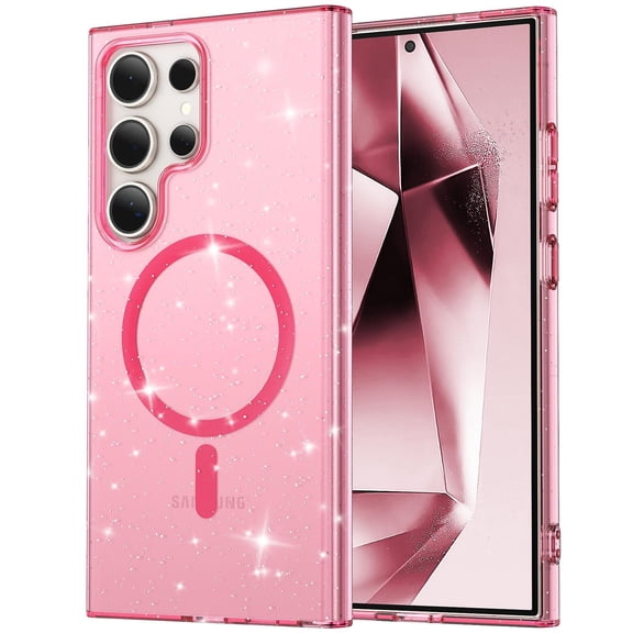 Allytechgroup Glitter Case for Samsung Galaxy S25 Ultra [Support Wireless Charging], Slim Military Grade Drop Protection Non-Slip Anti-Yellowing Anti-Scratch Bling Translucent Case, Pink