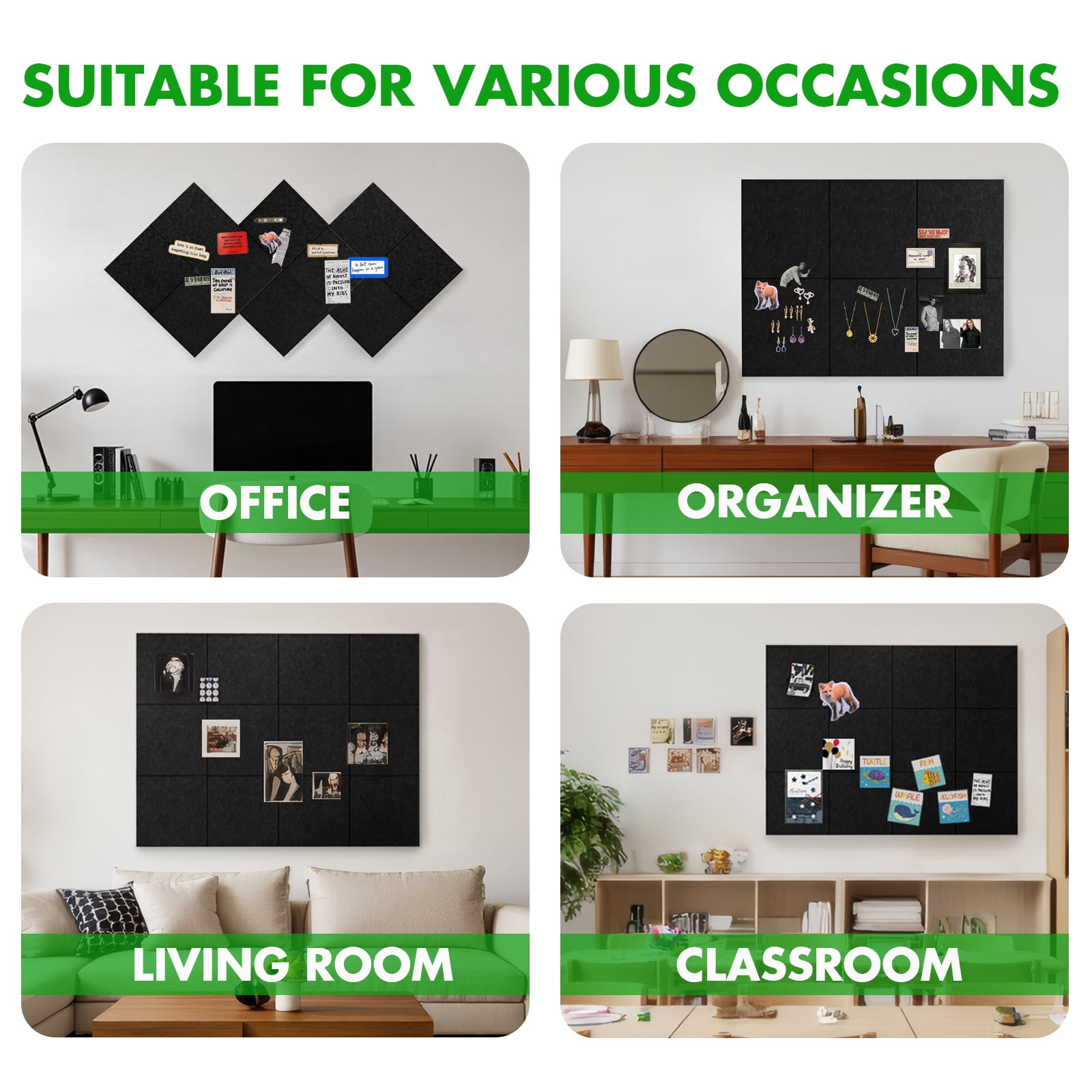 Large Cork Board for Office Decor,48"x36"-12 Pack Felt Wall Tiles with Safe Removable Adhesive Tabs, 1/2" Thick Felt Bulletin Board,Cork Boards for Walls Pin Board - Black