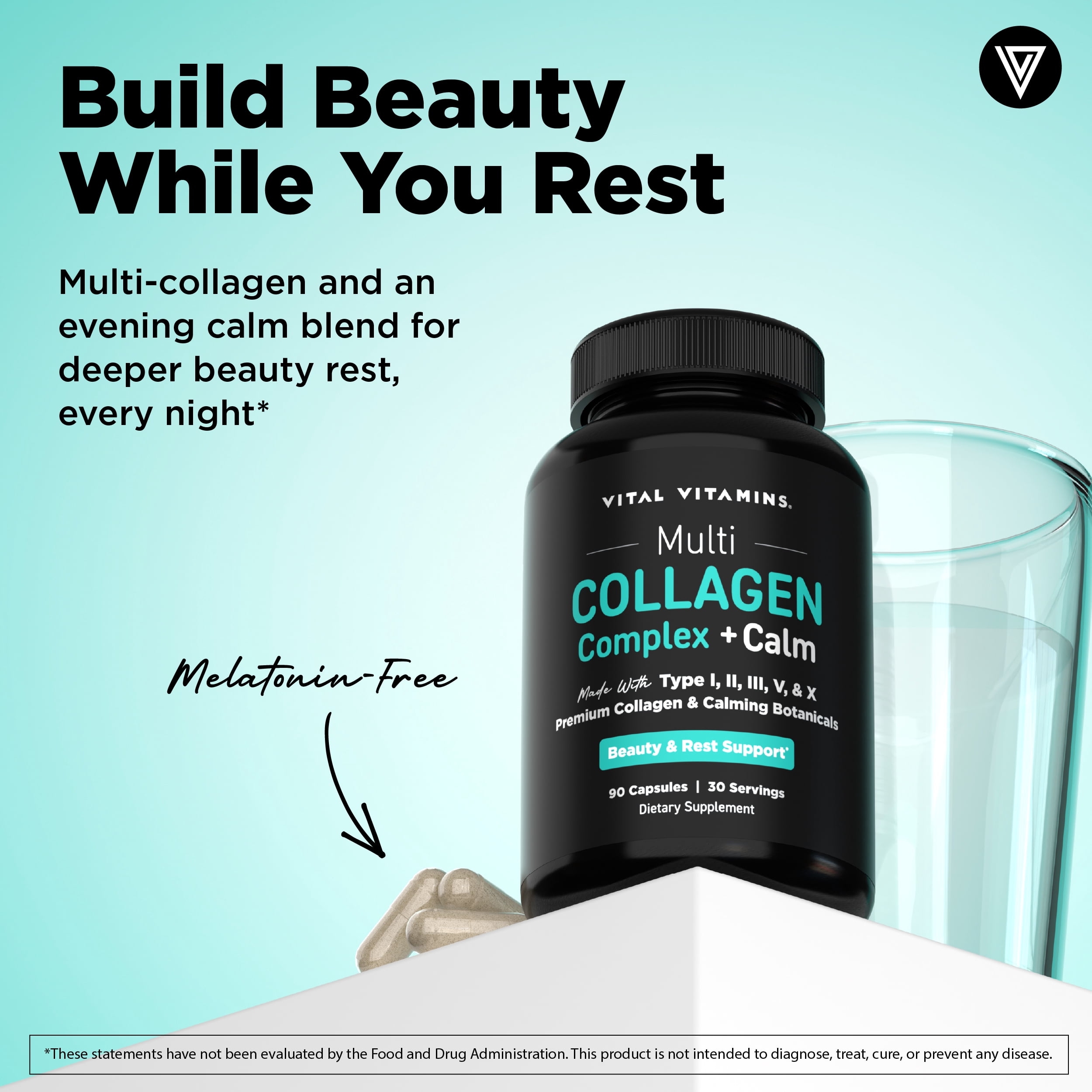 Vital Vitamins Multi Collagen Complex + Calm - 5 Collagen Types (I, II, III, V & X) for Skin, Hair, Nails & Joints - L-Theanine, Ashwagandha & Magnesium Glycinate - Melatonin-Free Relaxation - 90 Ct