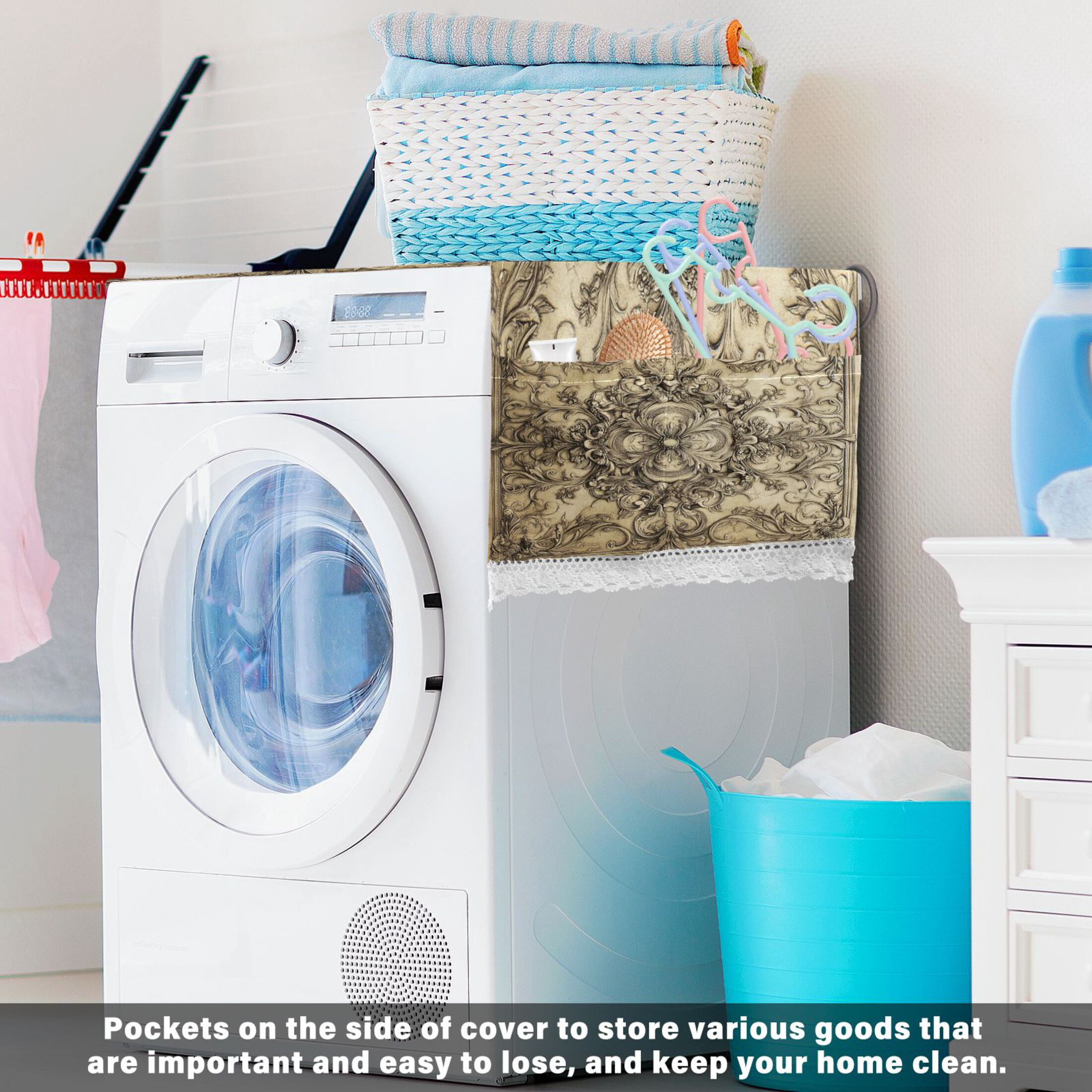 Ntricate Details PatternWasher and Dryer Covers Dust-Proof and Oil Resistant Fridge Cover with 4 Storage Pockets Washing Machine Top Cover for Laundry Kitchen Home 51.2 x 22 In