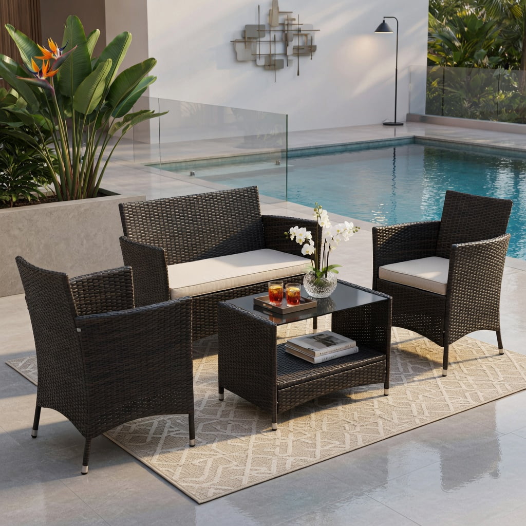 Hommoo 4-Piece Outdoor Patio Conversation Set, PE Rattan Loveseat & Armchairs with Tempered Glass Coffee Table and Removable Cushions, Black
