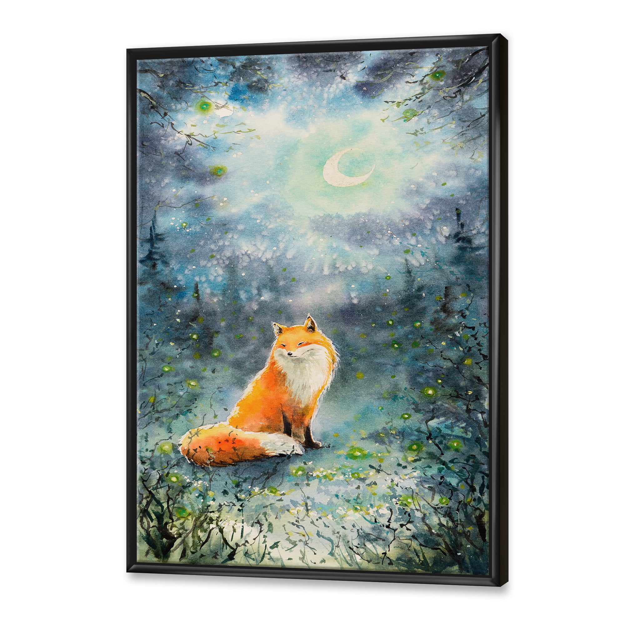Designart 'Fox Over A Night Sky With Moon' Children's Art Framed Canvas Wall Art Print