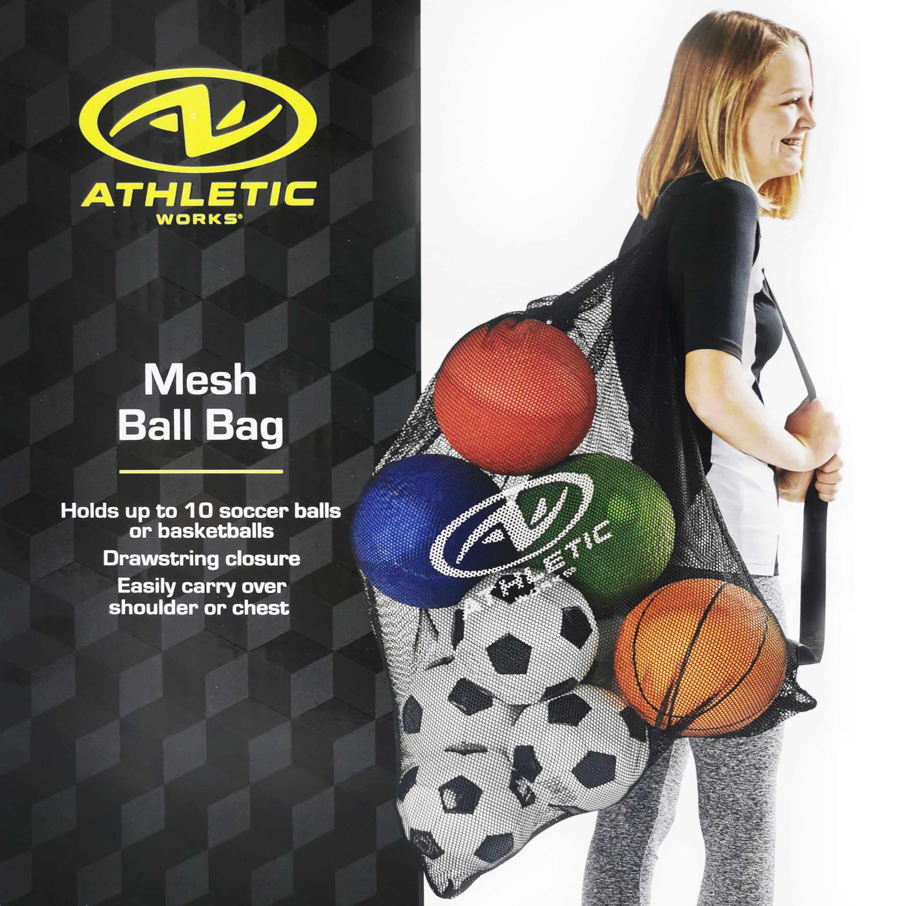 Athletic Works Mesh Sports Ball Bag Drawstring Shoulder Strap, Black, Unisex