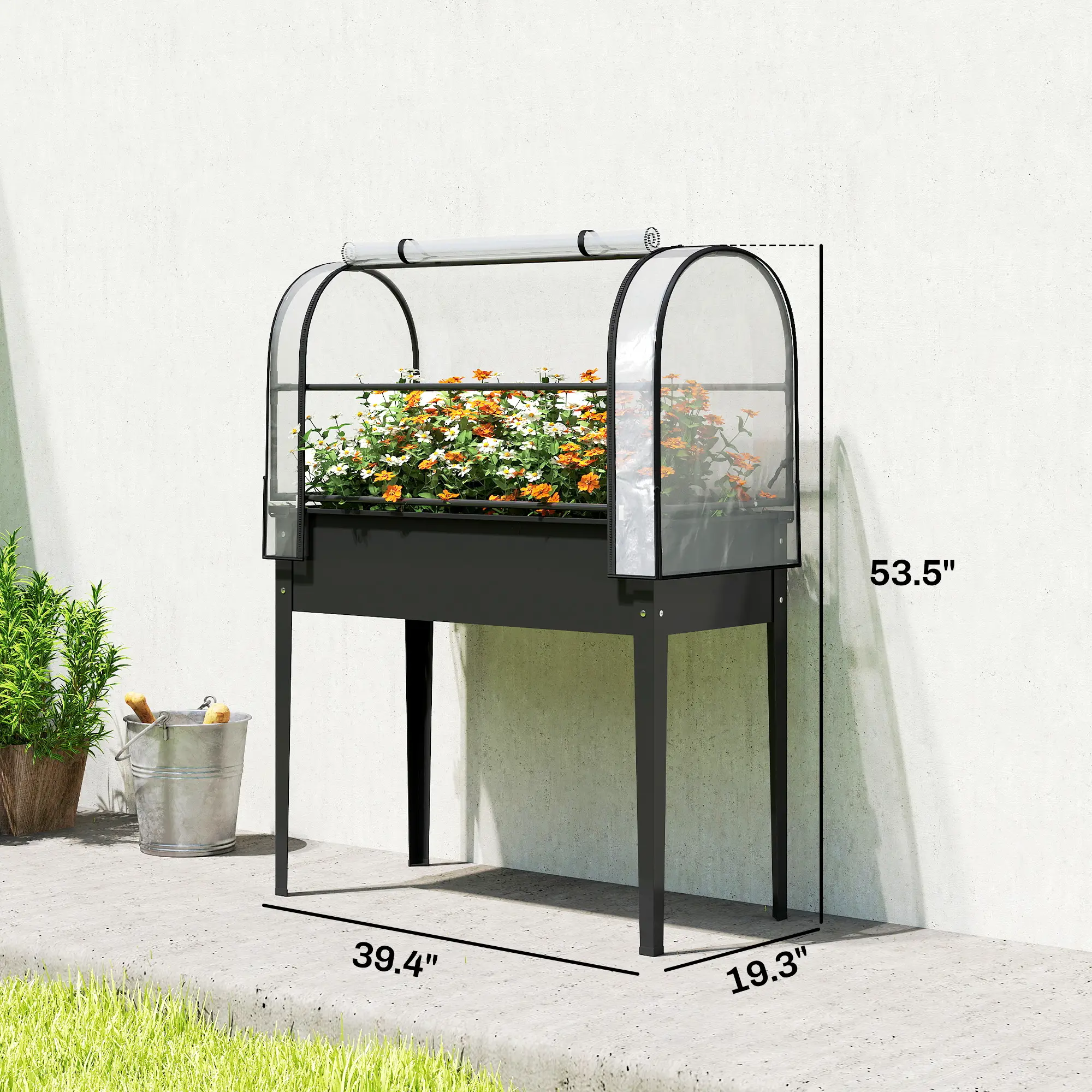 2-in-1 Raised Garden Bed with Mini Greenhouse Cover, Elevated Planter Box with Flip-Up Zippered Door, 0.6mm Rustproof Metal, Drainage Hole, 176lbs Capacity for Outdoor Plants