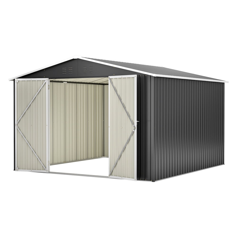 10x10 FT Heavy Duty Metal Shed, Large Outdoor Storage with Double Locking Doors, Updated All-Weather Black Utility Shed for Garden Tools