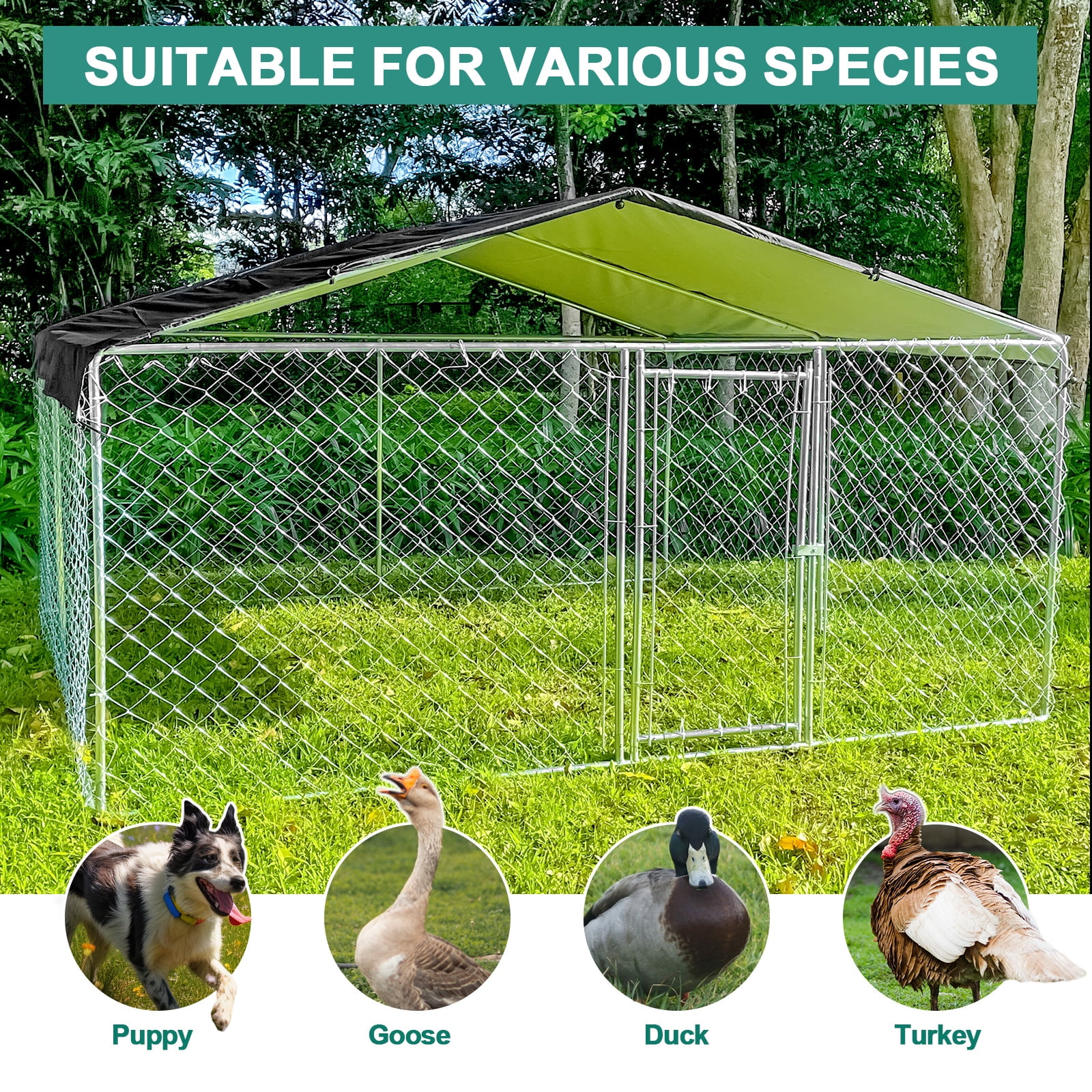 Caulitar 10x10ft Dog Kennel Outside Metal Playpen Outdoor Dog Kennel Poultry Cage with Cover Galvanized Steel Dog Fence with Roof for Heavy Duty Dog Yard