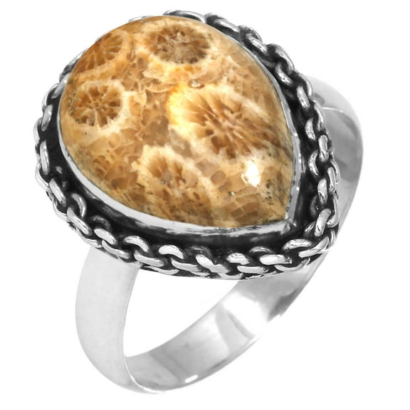 925 Sterling Silver Women Jewelry Indonesian Fossil Coral Ring