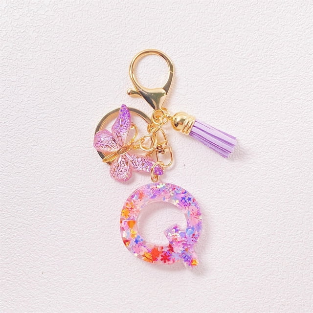 Initial Letter Keychains For Women Tassel Purple Cute Car Keychain For Wallet Backpack Bag