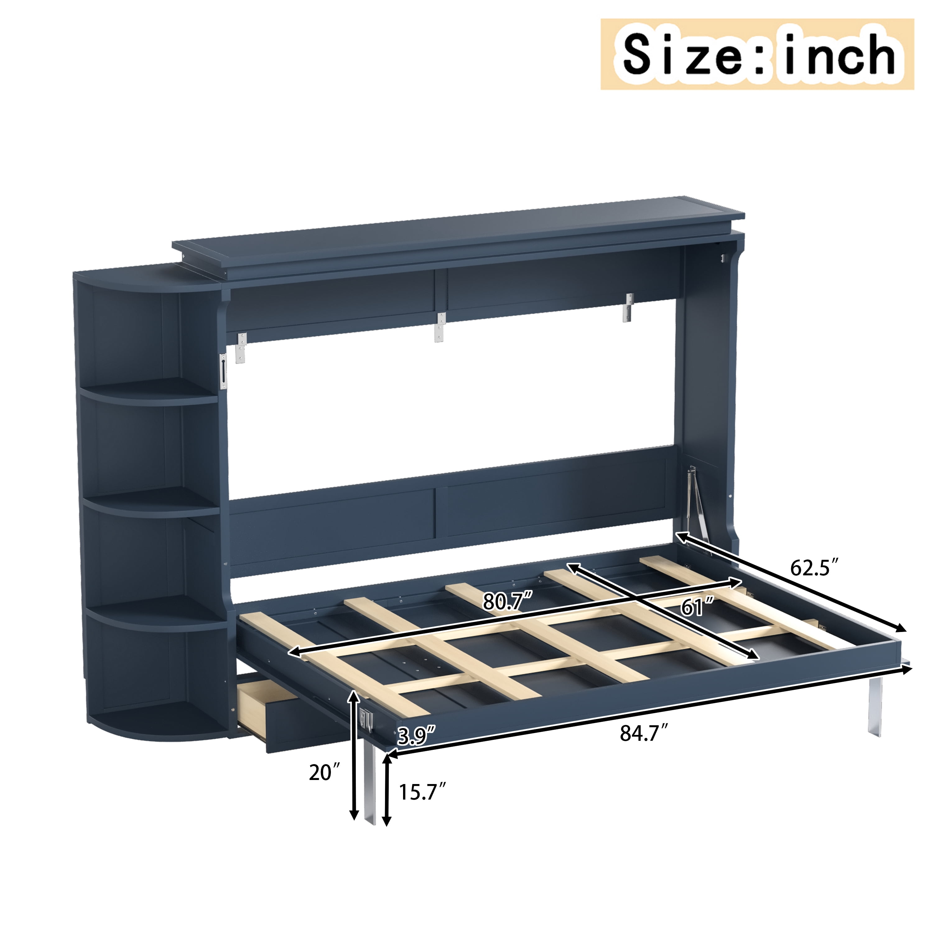 Mintazer Queen Murphy Bed with Side Cabinets & 3 Drawers, Wall Foldable Bed with Storage for Bedroom Guest Room Home Office, Blue