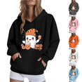 thumbnail image 2 of QINGFSAP Womens Spooky Halloween Hoodie Drawstring Long Sleeve Pullover Top Kangaroo Pocket Gothic Ghost Print Loose, 2 of 5