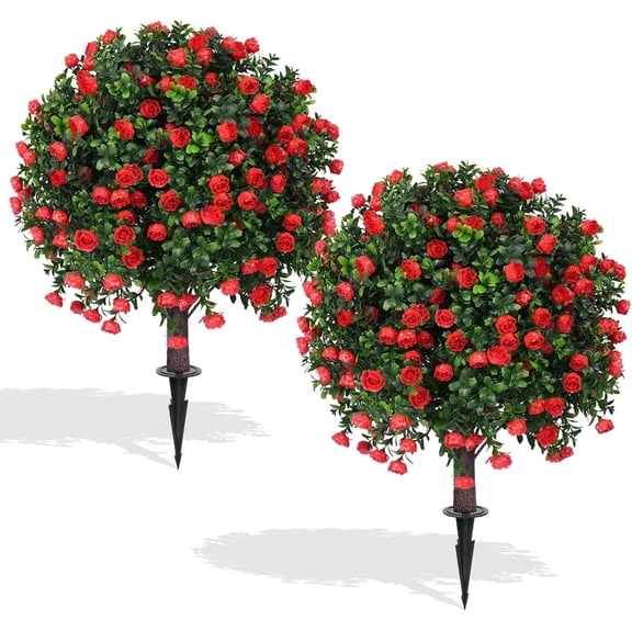 Artificial Boxwood Topiary Ball Tree with Ground Spike, Set of 2 UV Resistant Artificial Shrubs, Fake Evergreen Artificial Plant Brush for Indoor Outdoor Front Porch Garden