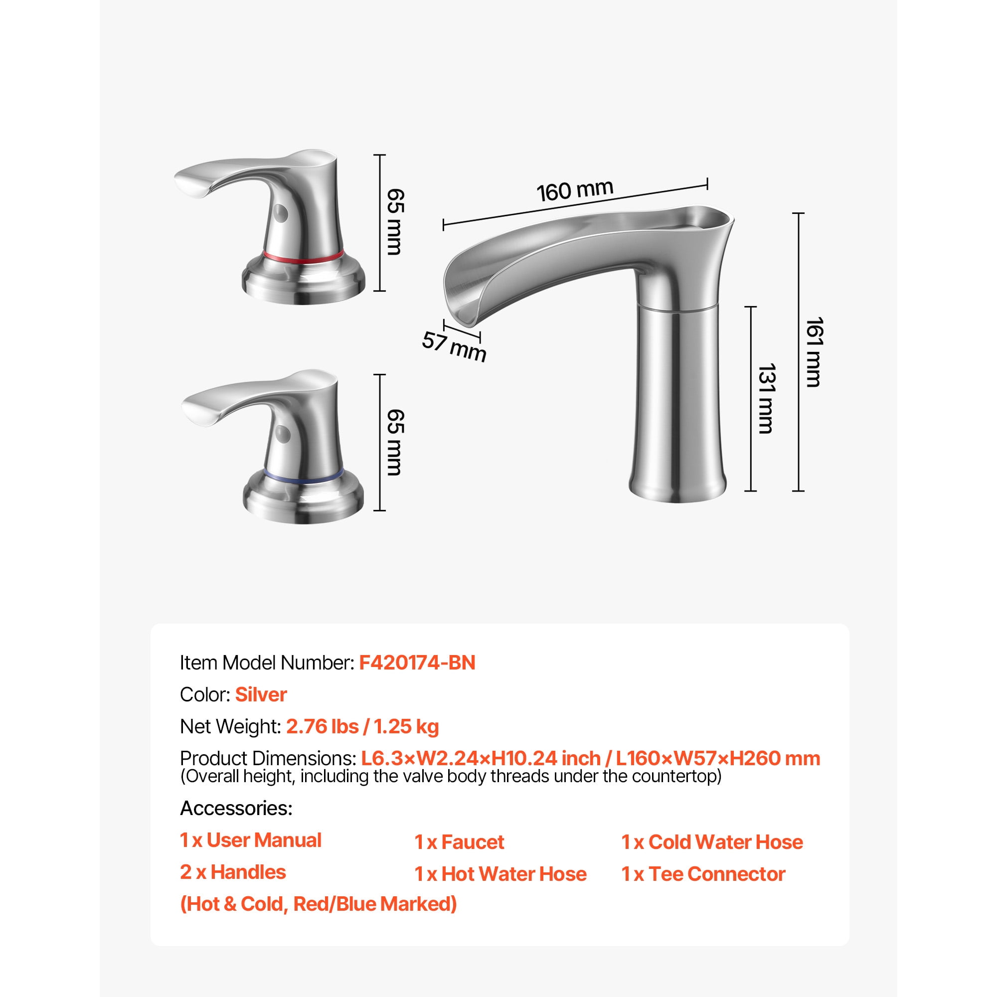 KFFKFF Roman Tub Faucet, 3-Hole Waterfall Bathtub Fixture, Zinc Alloy Bath Faucet Set with Dual Handles, Deck-Mounted Design for Washing Pets and Bathing, Silver Finish, Hot and Cold Water Adjustment